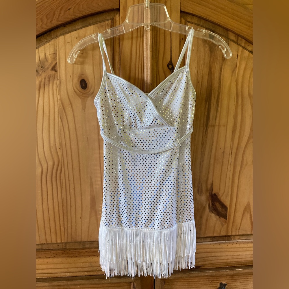 Girls Curtain Call Costumes white silver polka dot fringe dress size CLA